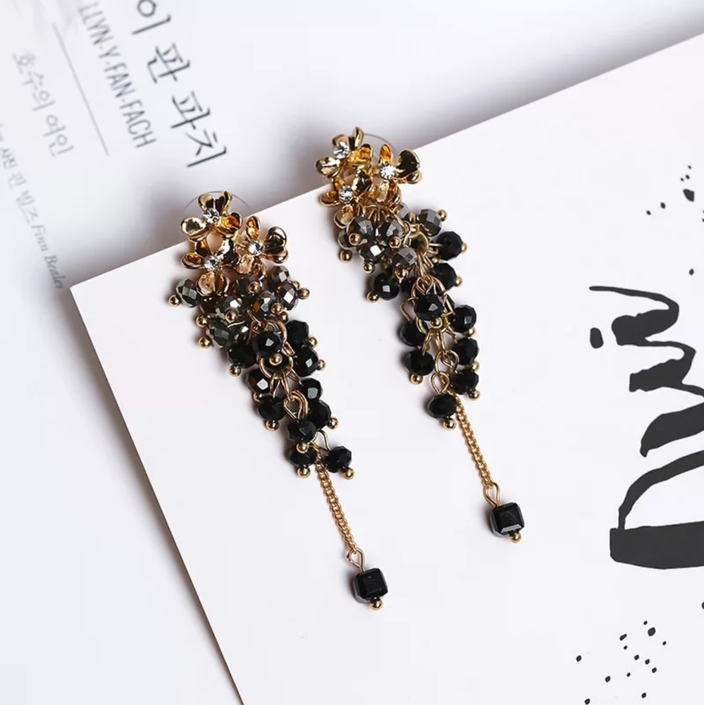 Metal Flower Crystal Beads Tassel Earrings